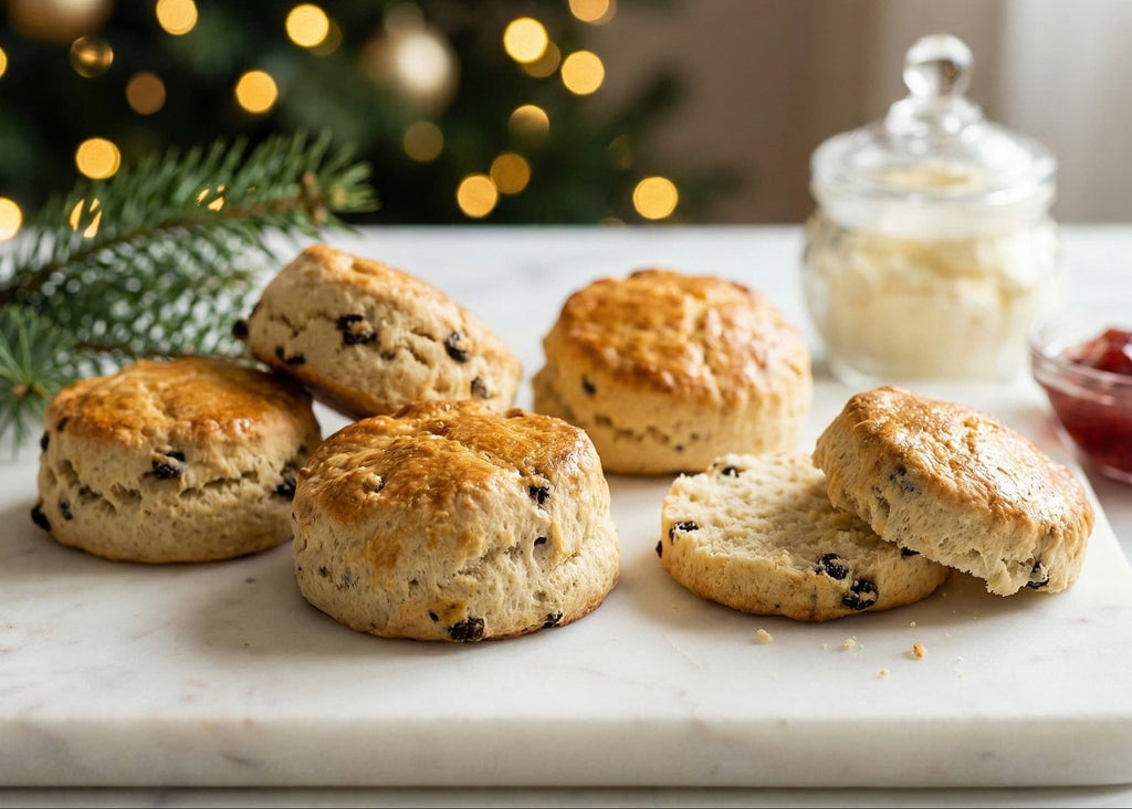 Britalicious Baked scones with raisins on a marble surface with a festive background