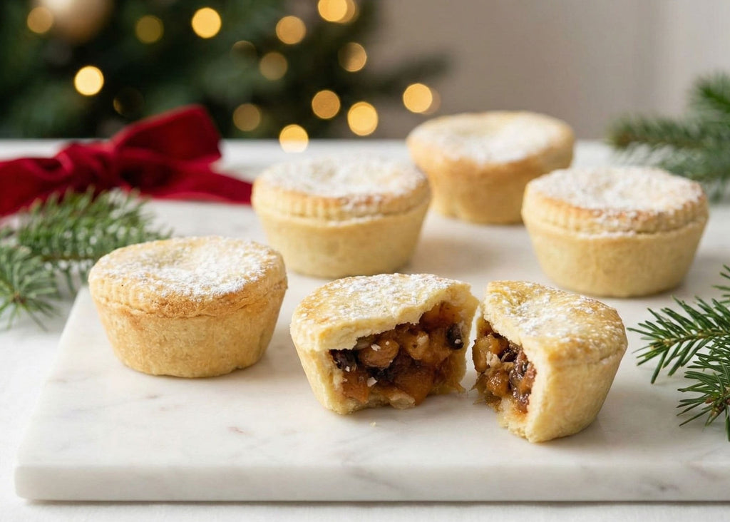 Britalicious Mince pies on a marble board with Christmas decorations in the background