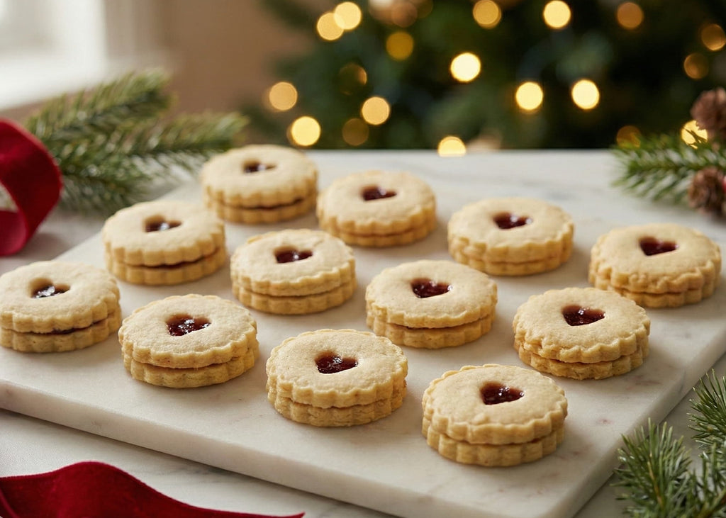 Jammie Dodgers Jelly-filled cookies by Britalicious on a marble board with Christmas decorations in the background