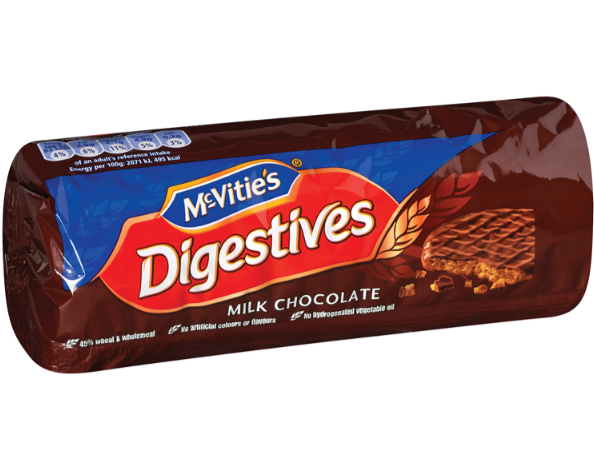 Pack of McVitie's Digestives Milk Chocolate cookies on a white background