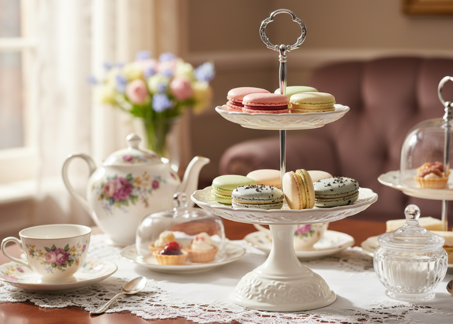 Tea set with macarons on a three-tiered stand in a cozy room.