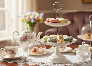 Tea set with macarons on a three-tiered stand in a cozy room.